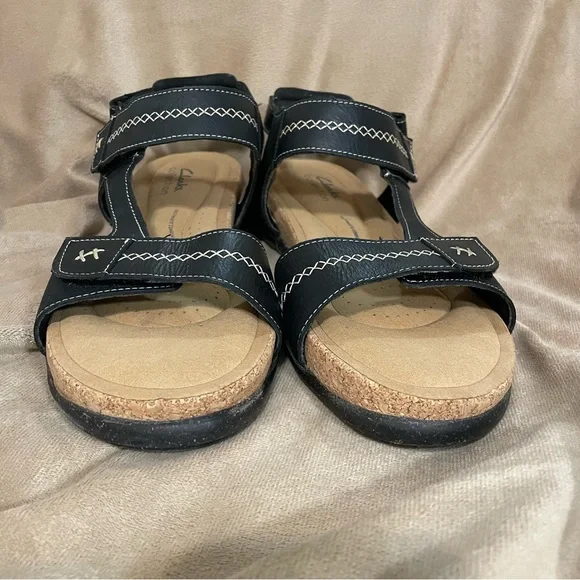 Clarks Black Leather Cork Footbed Sandals. - Picture 2 of 10